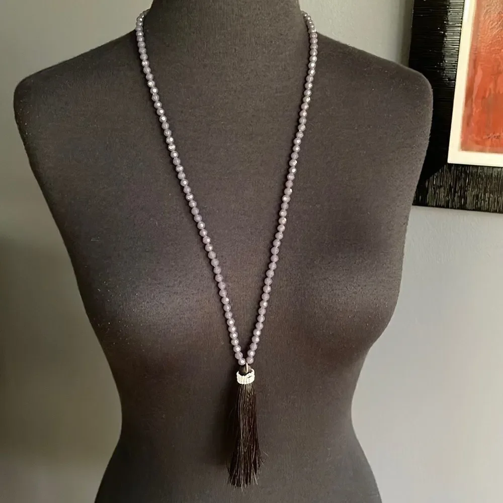 J. Crew gray faceted bead black tassel pendant adjustable necklace. NWT.